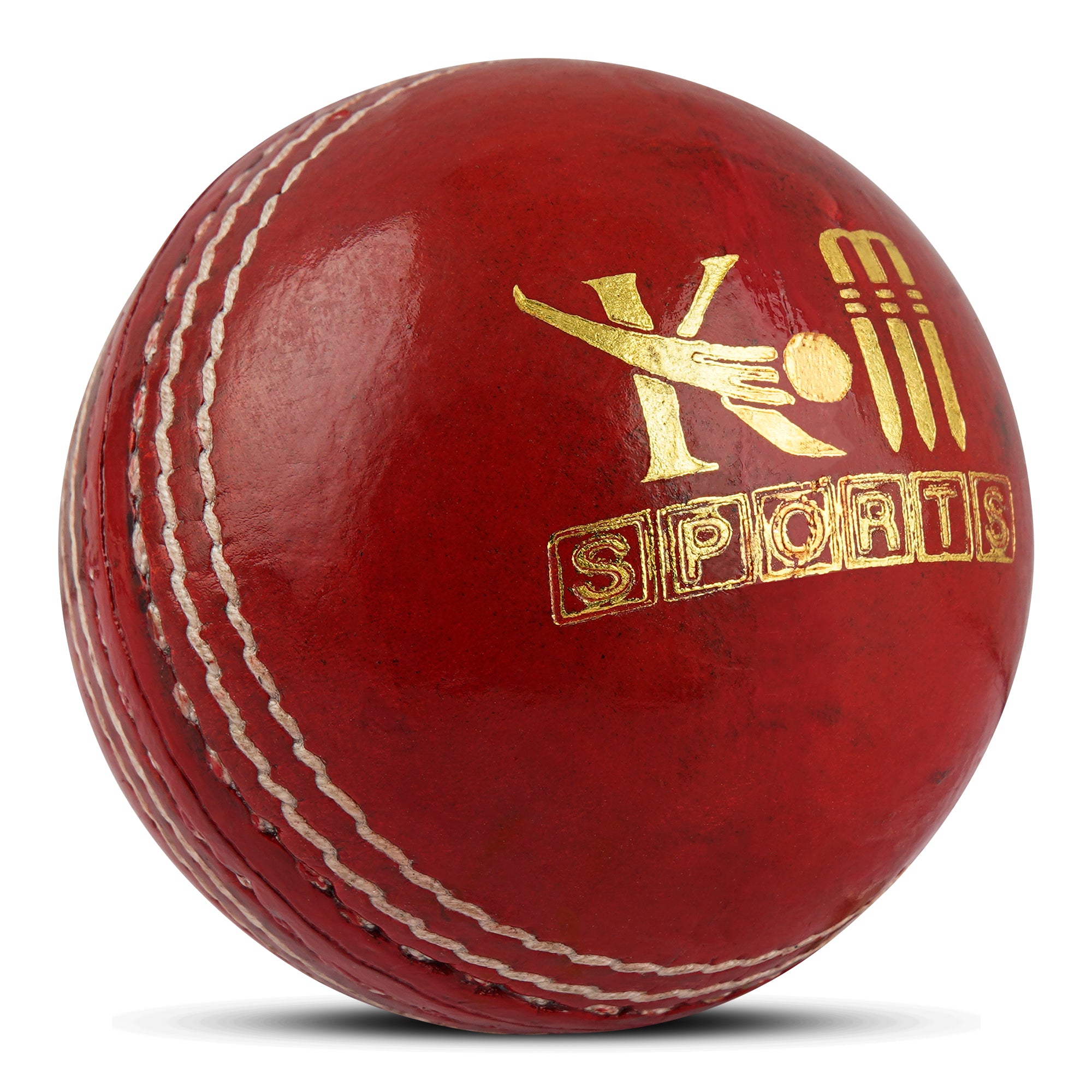 A red leather cricket ball with white stitching and the brand logo &