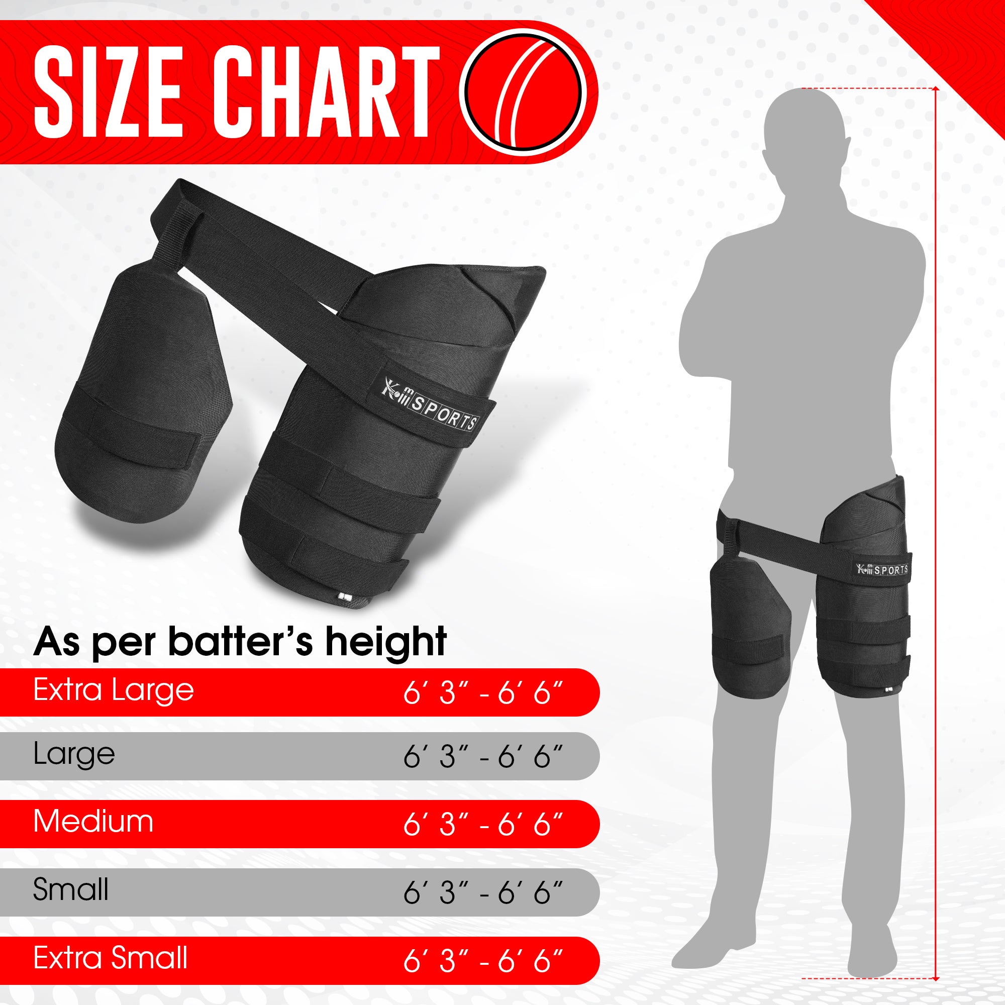 KM SPORTS thigh pad size chart – available for men, youth, and kids
