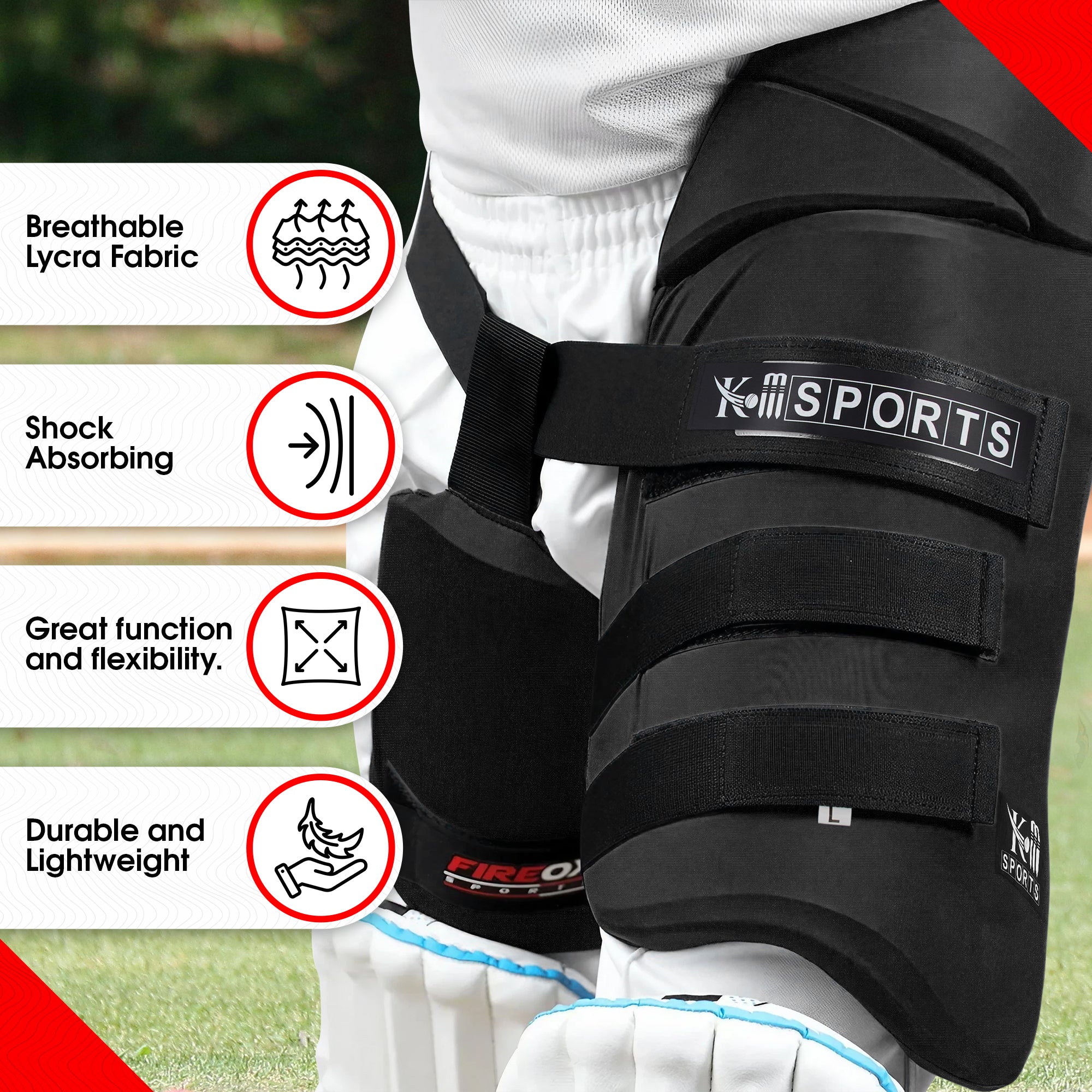 Right-hand KM SPORTS cricket thigh guard – ideal for match and net practice