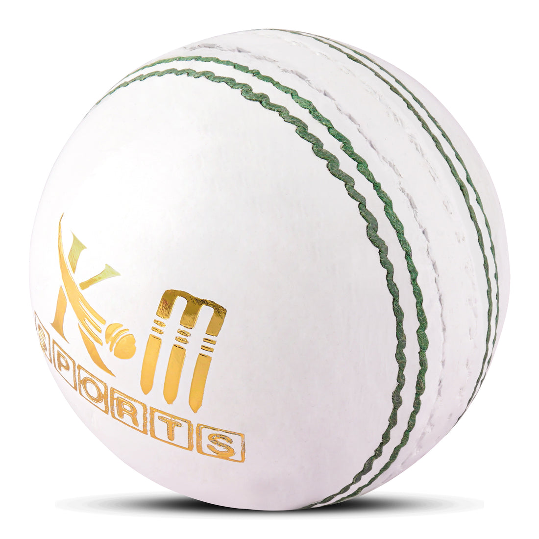 White cricket ball with green stitching and gold logo on a white background