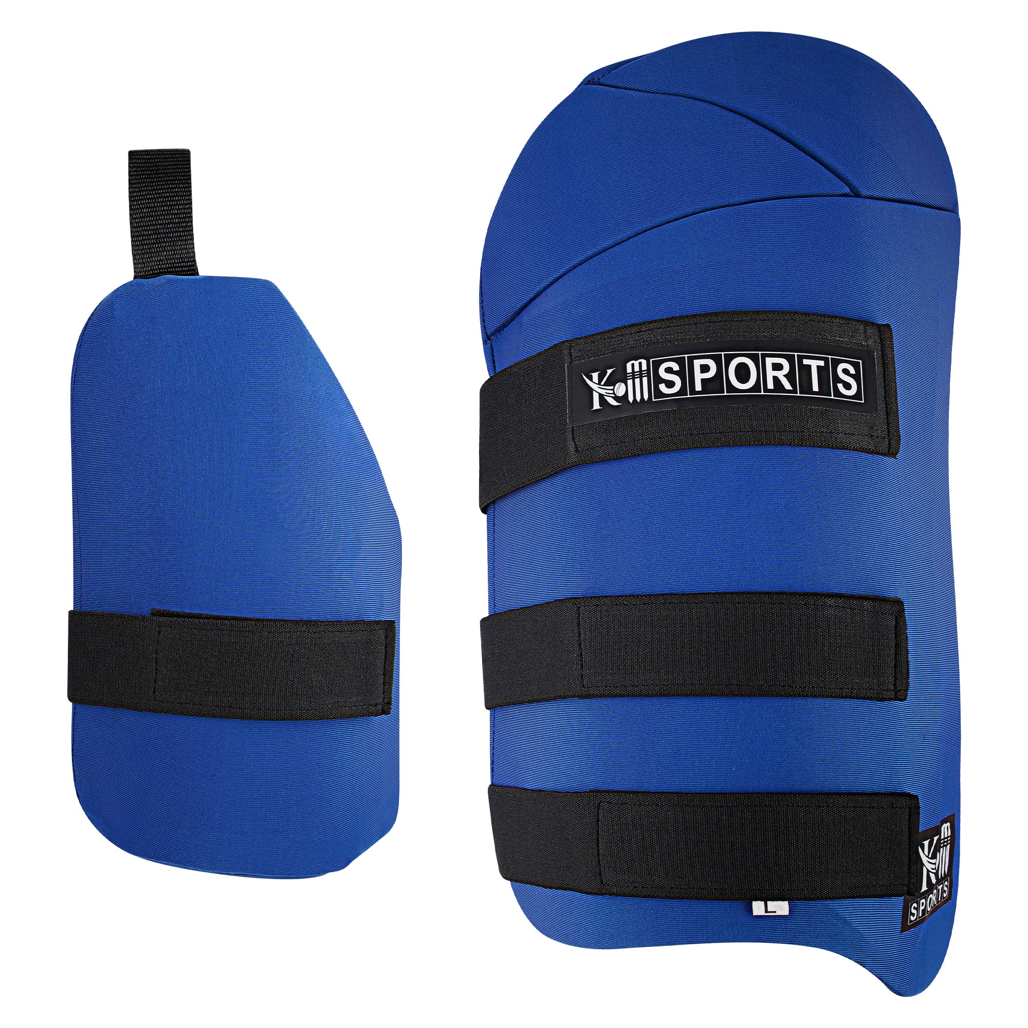 A pair of blue cricket batting thigh guards with adjustable straps and the KM SPORTS logo on the front.