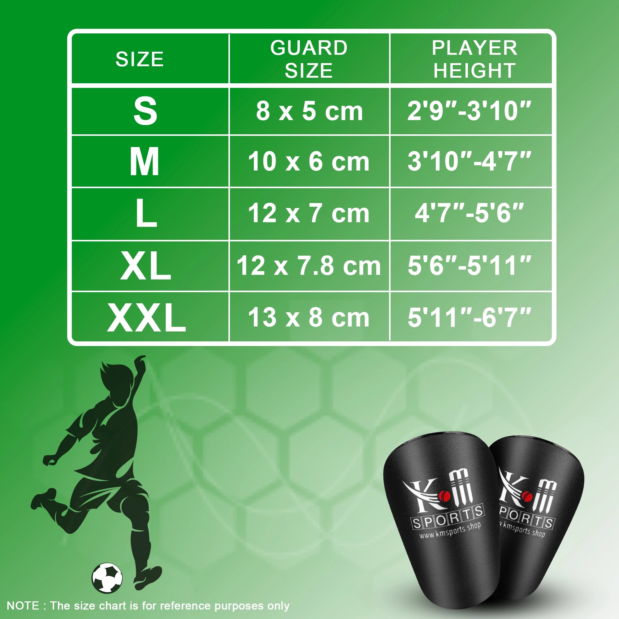 Soccer shin pads with ankle protection – for youth & adults Size chart