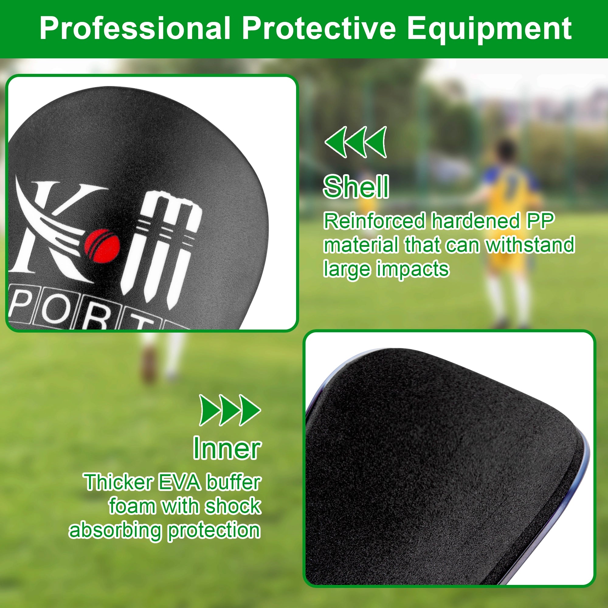 KM SPORTS football shin guards – front and back view
