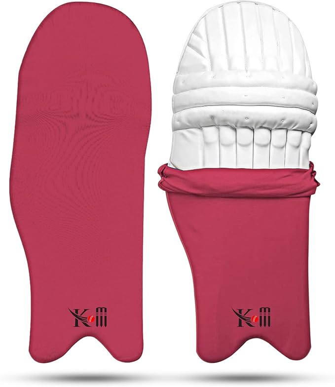 Red cricket leg guard with white helmet on a white background