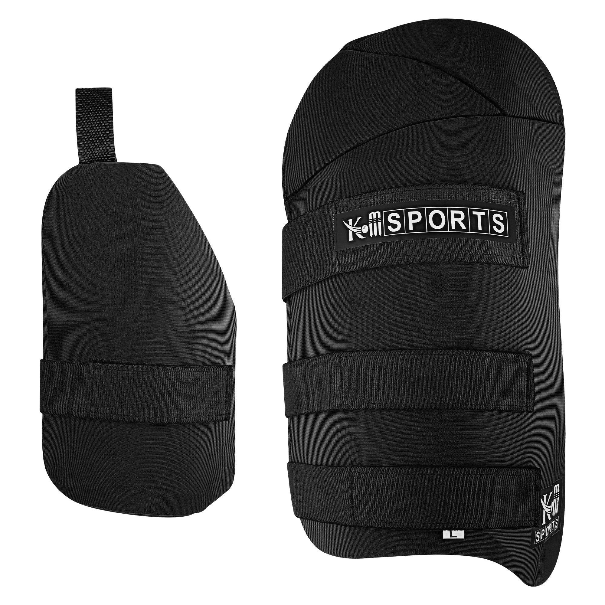KM SPORTS cricket thigh pad front view – lightweight protection for batsmen