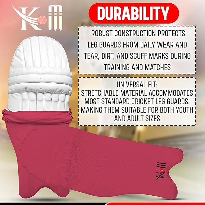 Red cricket leg guard with durability features highlighted on a blurred background