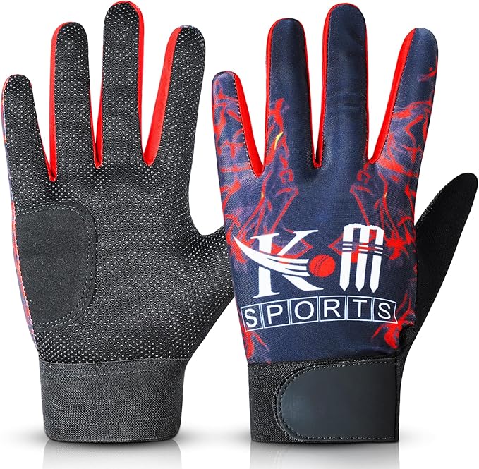 Pair of gloves with red and blue design on a white background