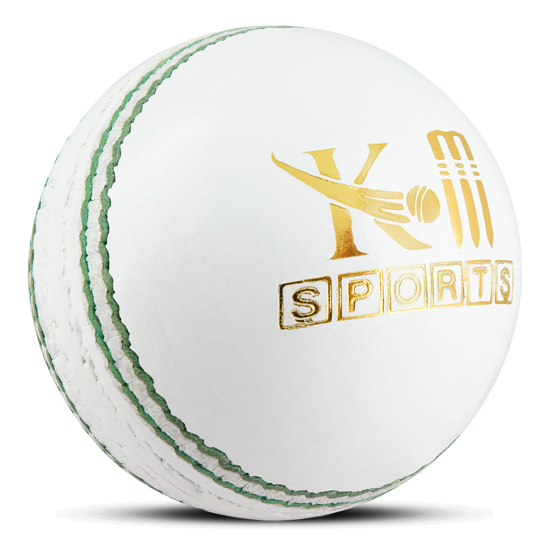 White cricket ball with gold KM Sports logo on a white background