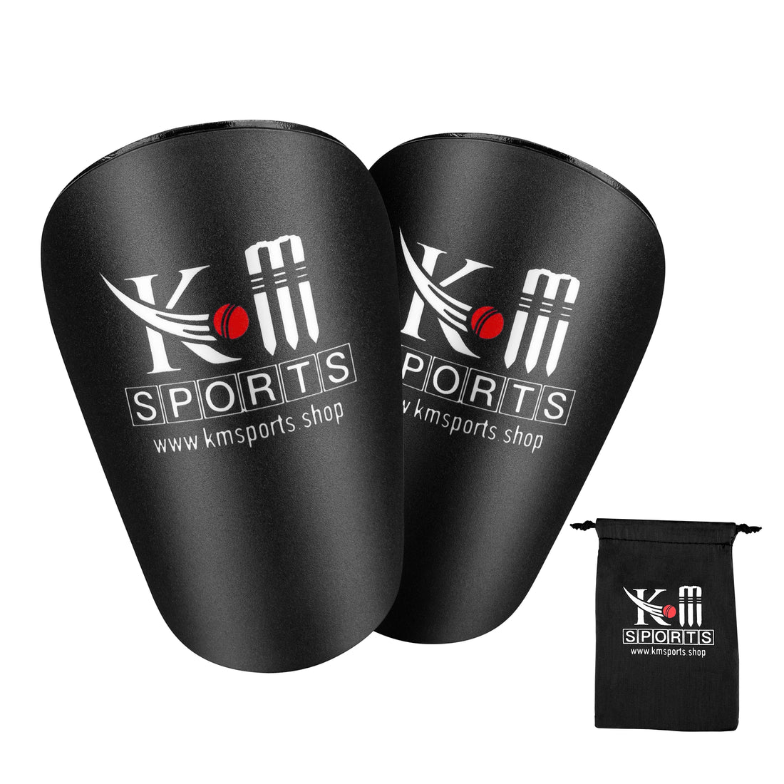 Black shin guards with KMSports logo and pouch on a white background