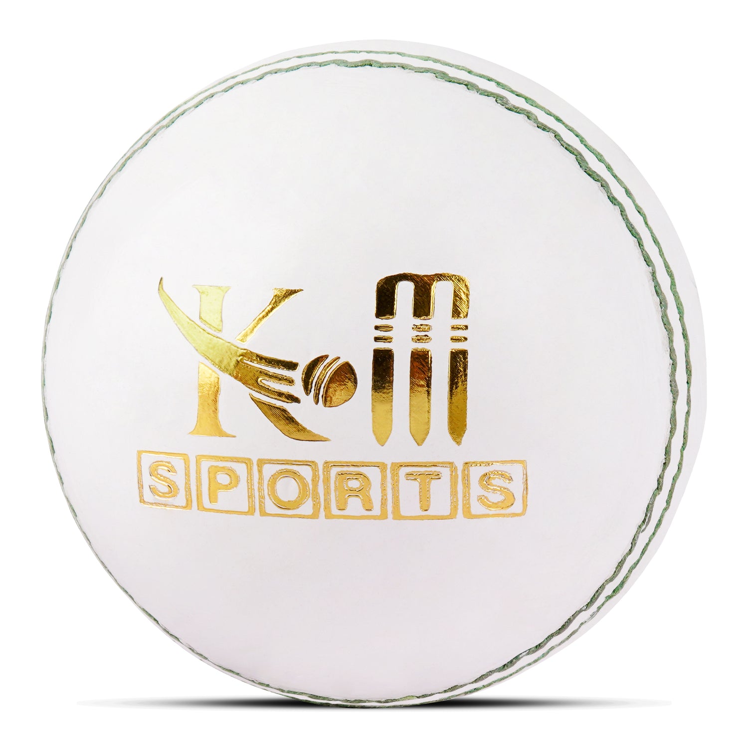 White cricket ball with gold logo and text on a white background