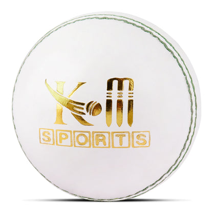White cricket ball with gold logo and text on a white background