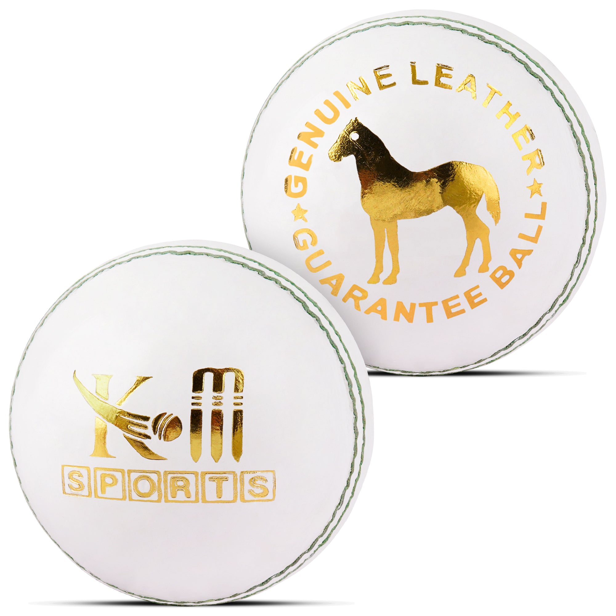 Two white cricket balls with gold text and logos on a white background