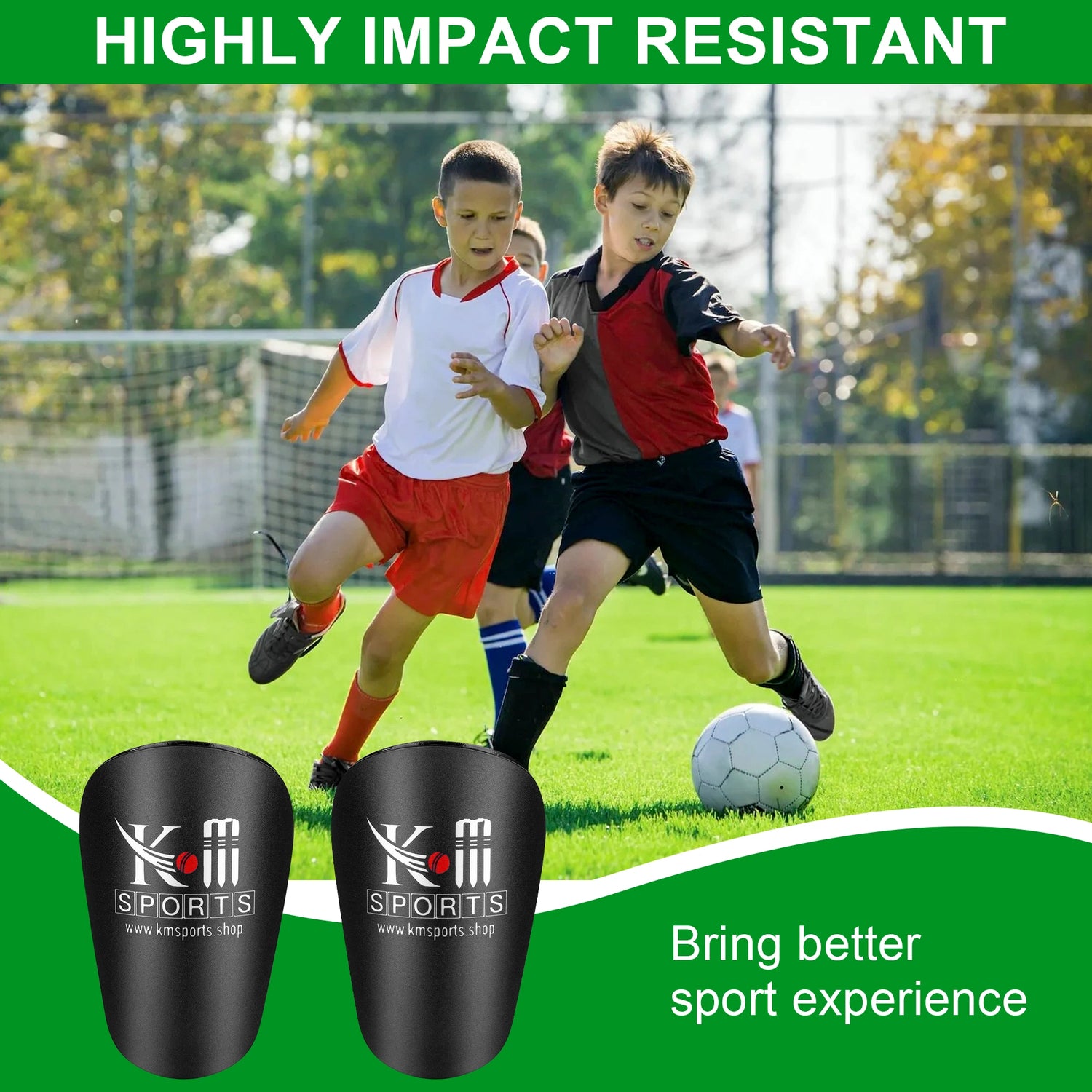 Children playing soccer on a field with KM Sports shin guards displayed.