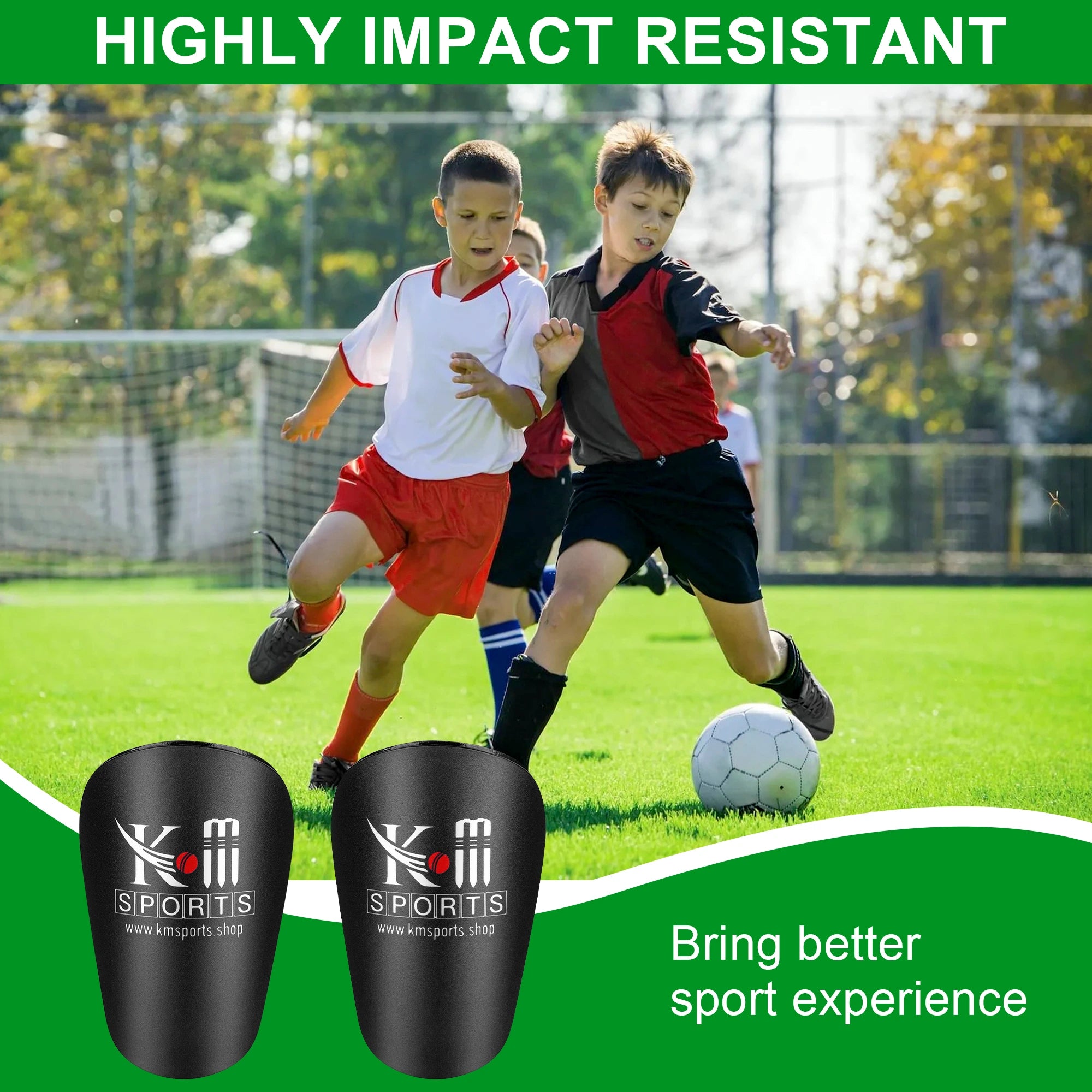 Children playing soccer on a field with KM Sports shin guards displayed.