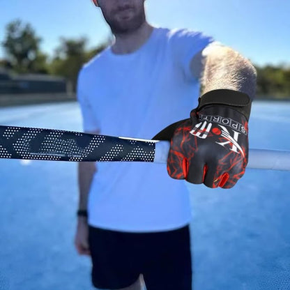 Black glove with red accents on a gray background, highlighting features like pre-curved palm and synthetic material. which is used for better grip in baseball cricket and tennis