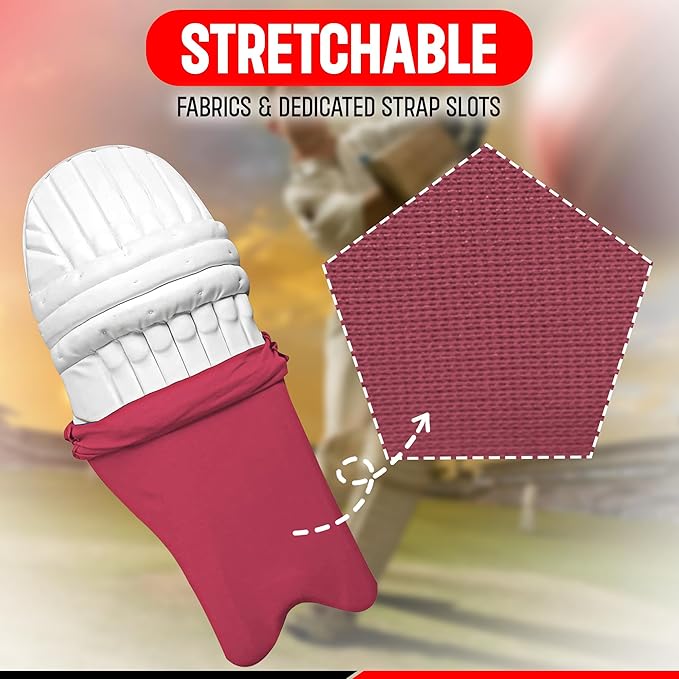 Red and white product with stretchable fabric feature and strap slots on a blurred background