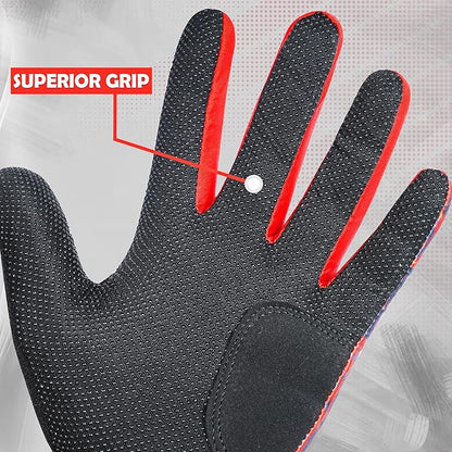 Black glove with red accents highlighting superior grip on a gray background