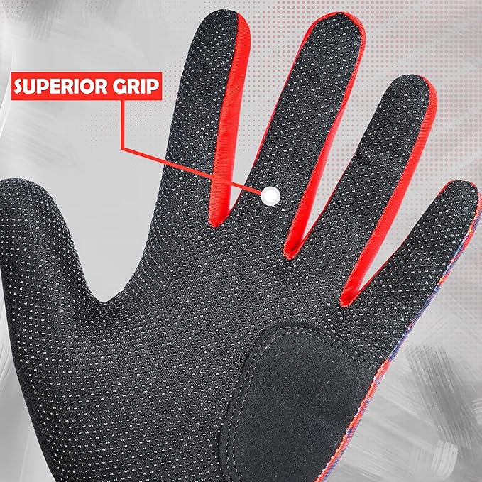Black glove with red accents on a gray background, highlighting features like pre-curved palm and synthetic material. which is used for better grip in baseball cricket and tennis