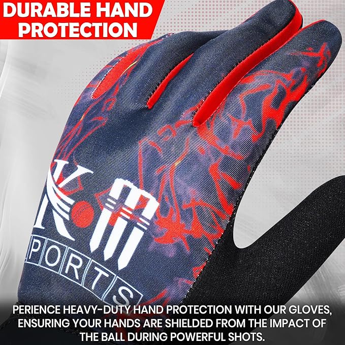 Glove with durable hand protection design, featuring red and blue patterns on a gray background.