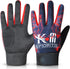 Pair of gloves with red and blue design on a white background