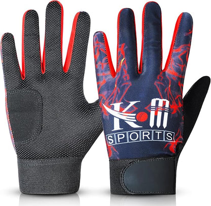 Pair of gloves with red and blue design on a white background