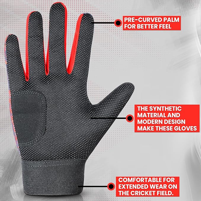 Black glove with red accents on a gray background, highlighting features like pre-curved palm and synthetic material. which is used for better grip in baseball cricket and tennis