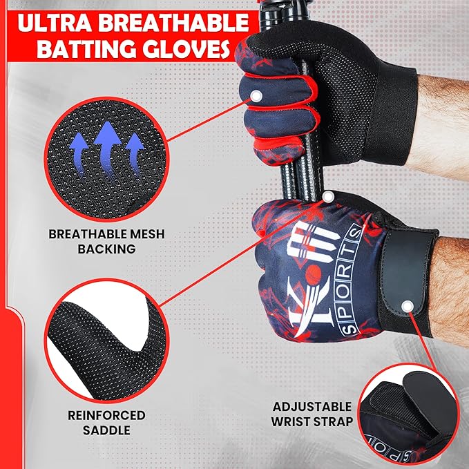 Ultra breathable batting gloves with features highlighted on a gray background